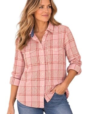 Outerknown Blanket Shirt M/L Pink Coral Plaid Organic Cotton Flannel Button Up